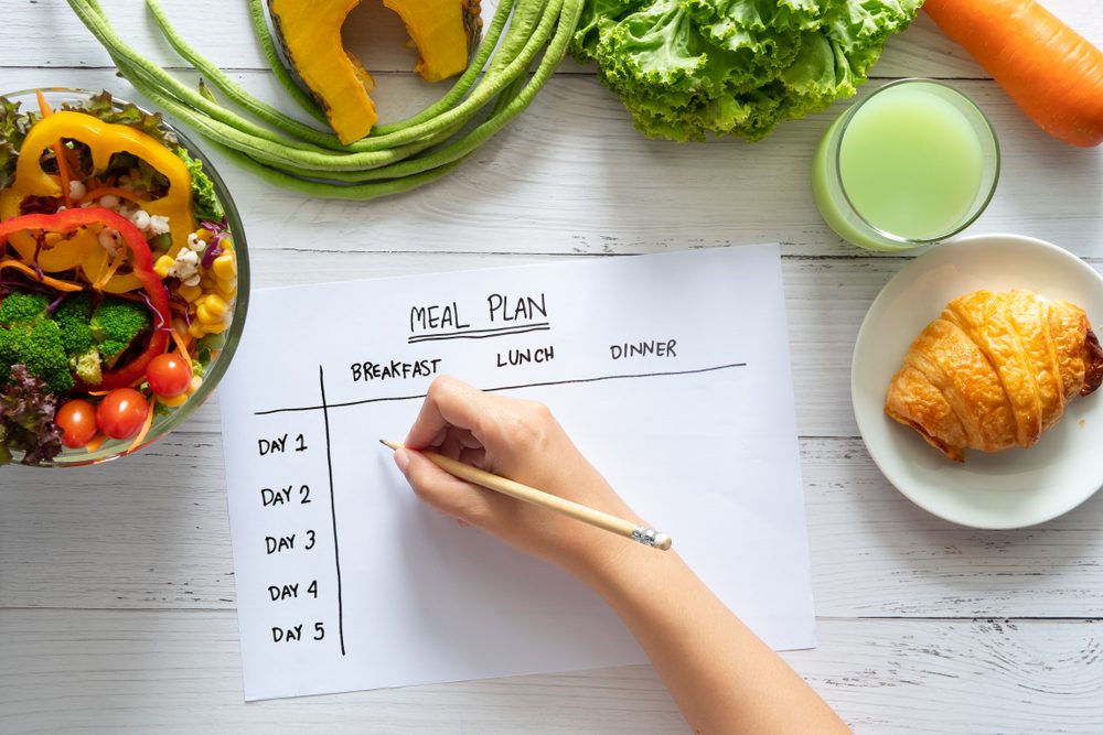 Woman writing down a meal planner, surrounded by groceries.