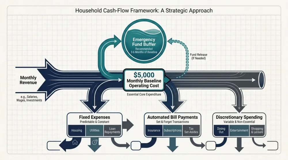 A clean data diagram showing monthly revenue flowing into expenses with an emergency fund reservoir acting as a stabilizer.