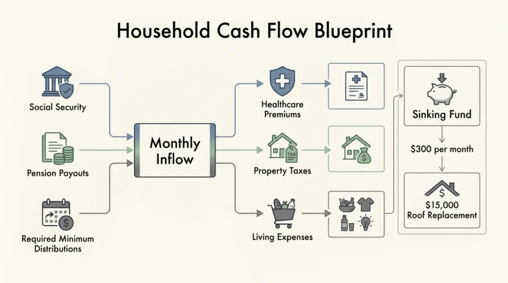 A clean, professional diagram showing the flow of income from Social Security and pensions toward expenses and a $300 monthly sinking fund.