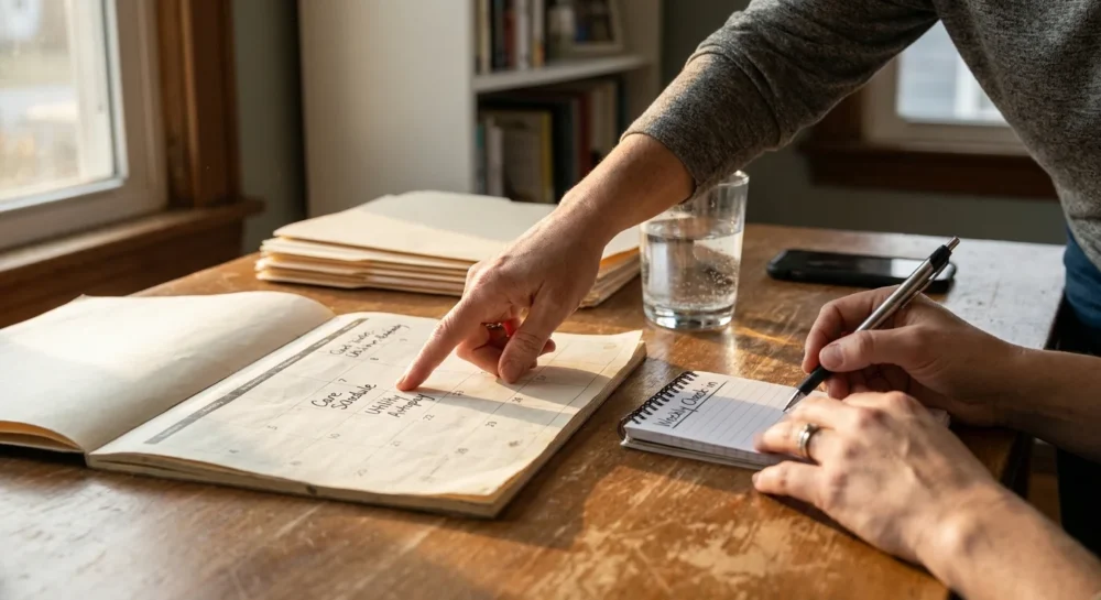 A close-up of two people's hands at a desk, looking at a calendar marked with a care schedule and autopay reminders.