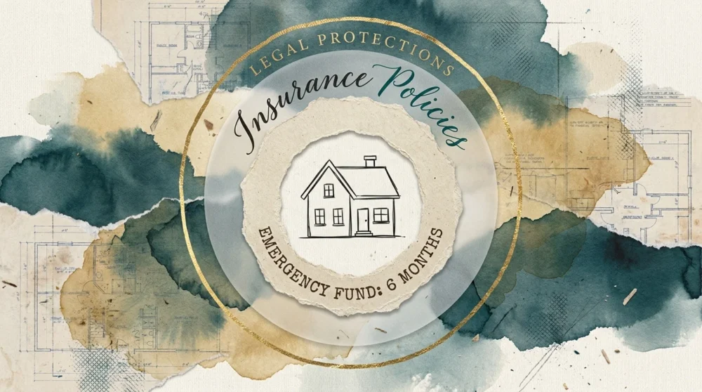 A collage showing a house protected by concentric rings labeled Emergency Fund, Insurance Policies, and Legal Protections.