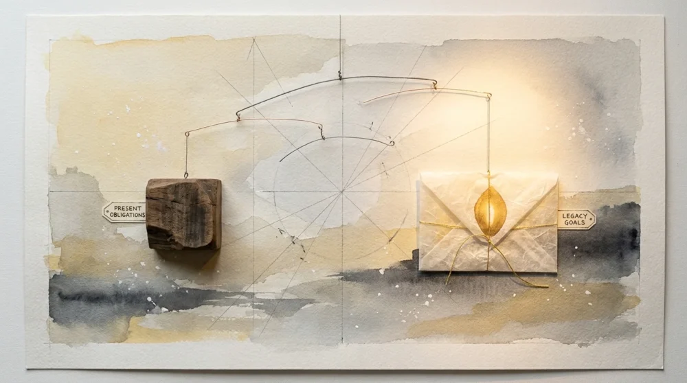 A conceptual mobile balancing a wooden block and a glowing seed, symbolizing the balance between current expenses and future legacy.