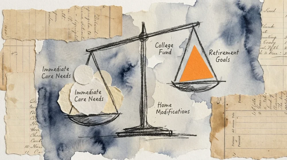 A conceptual scale balancing immediate care needs and long-term retirement goals, rendered in a paper collage style.