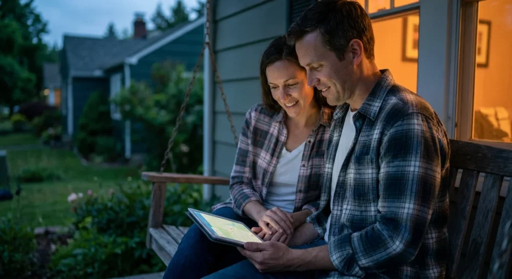 A couple sitting peacefully on a porch swing at dusk, looking at a tablet together in a moment of calm financial planning.