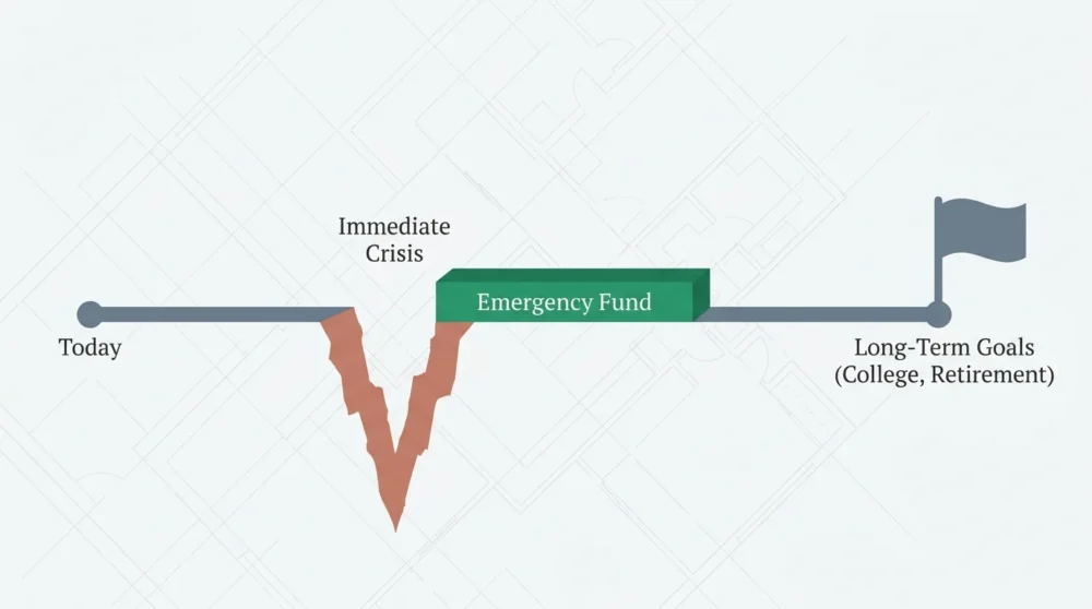 A diagram showing a long-term goal path where an emergency fund acts as a bridge over a crisis gap.