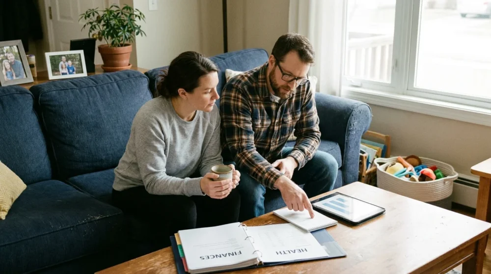 A father and daughter have a transparent conversation about family finances over coffee and documents in a living room.