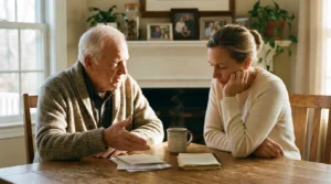 A father and daughter having a serious, intimate conversation over financial papers at a wooden kitchen table in soft afternoon light.