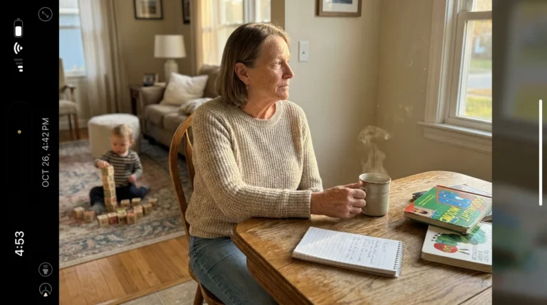 A grandmother sits at her kitchen table looking toward her grandchild playing in the background, symbolizing legacy and family planning.