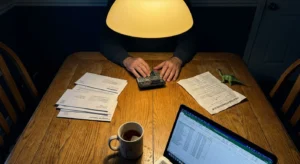 A kitchen table at night with medical bills, a property tax statement, a child's permission slip, and a laptop, lit by a warm lamp.