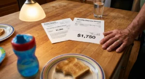 A kitchen table with a Social Security statement and a daycare bill side-by-side, suggesting intergenerational financial pressure.