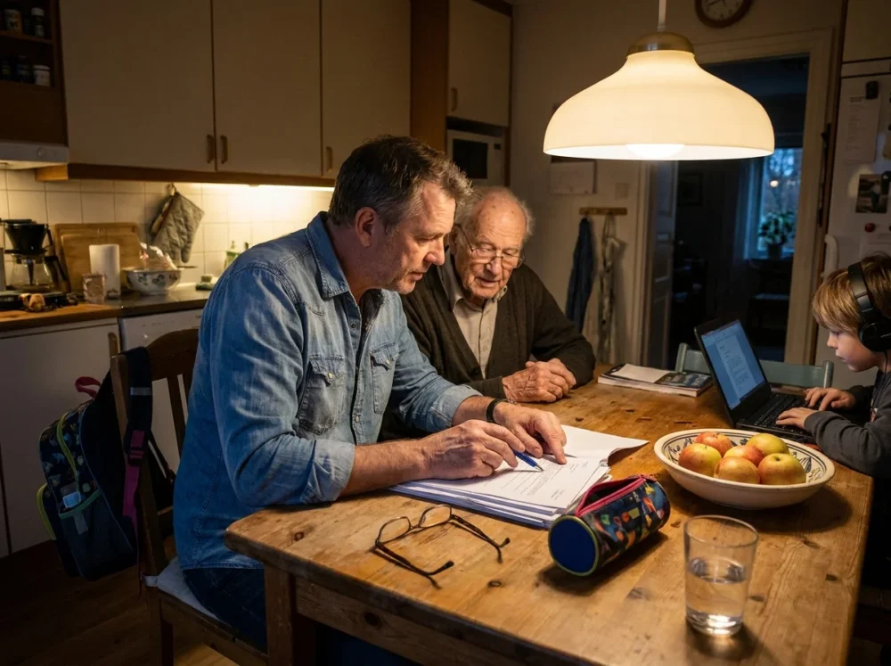 A man at a kitchen table assisting his elderly father with paperwork while his child studies nearby, illustrating the sandwich generation.