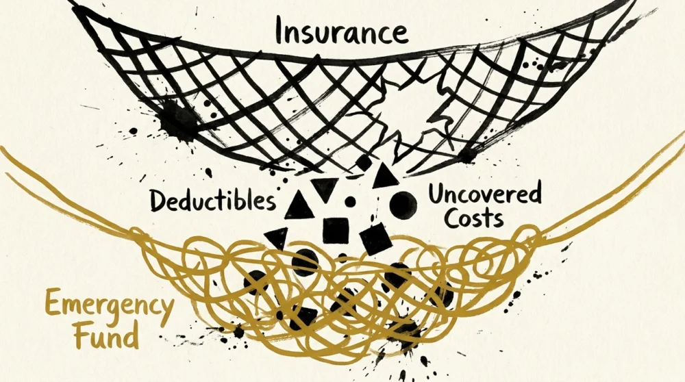 A minimalist ink drawing showing a golden net labeled Emergency Fund catching items falling through a gapped Insurance net.
