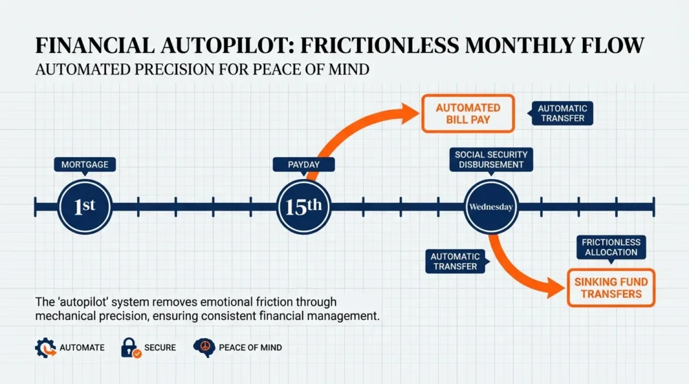 A minimalist timeline showing automated money transfers synchronized with Social Security disbursement dates.
