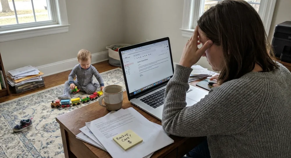 A mother in a home office looking stressed at a daycare closure email while her toddler plays on the floor nearby.