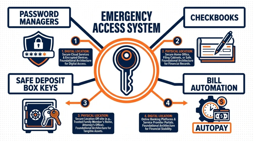 A professional infographic showing how to organize access to password managers, checkbooks, and automated bill payments.