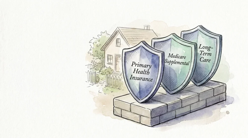 A soft watercolor illustration of three shields labeled Medicare, Long-Term Care, and Primary Health Insurance, symbolizing financial protec