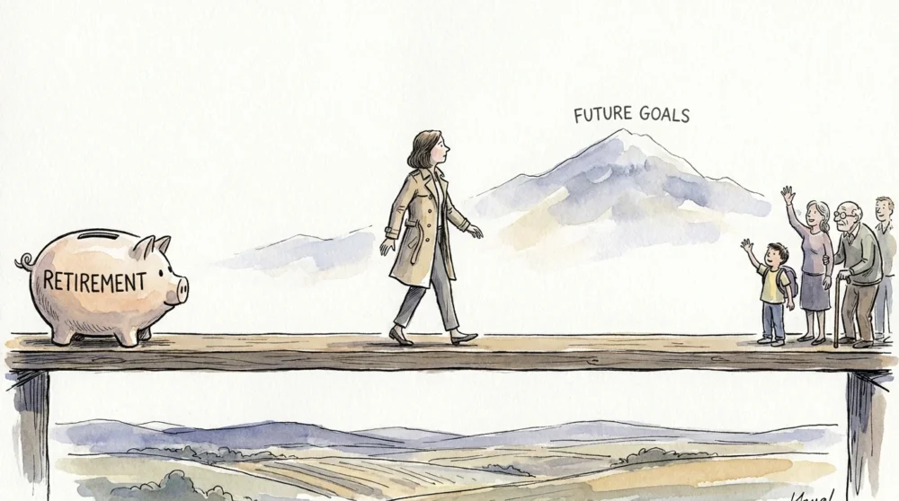 A watercolor illustration of a person balancing retirement savings with family support on a large scale.