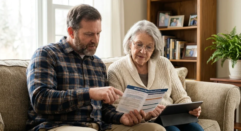An adult son and his aging mother sitting on a couch together, reviewing Medicare enrollment documents.