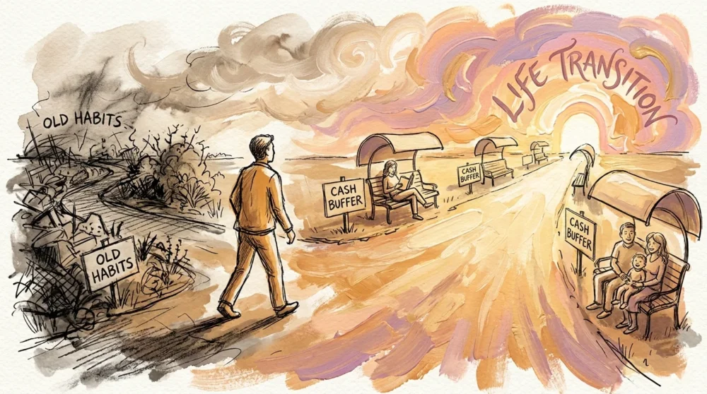 An artistic illustration of a person walking a path with resting stations labeled Cash Buffer, leading toward a bright horizon.