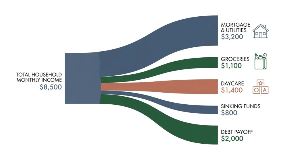 An infographic showing a $8,500 monthly income being distributed into categories like housing, daycare, and sinking funds.