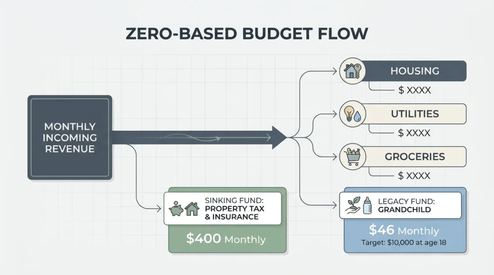An infographic showing a monthly budget flow with specific allocations for property taxes and a grandchild's legacy fund.