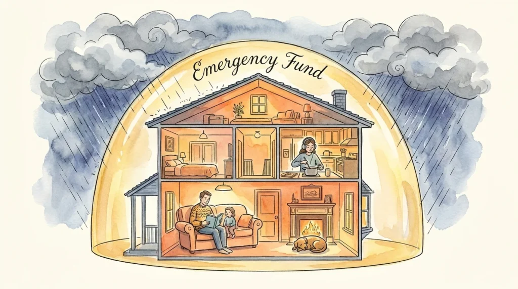 An ink and watercolor illustration of a house protected from a dark storm by a glowing golden dome labeled Emergency Fund.