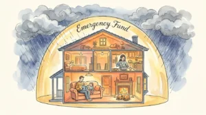 An ink and watercolor illustration of a house protected from a dark storm by a glowing golden dome labeled Emergency Fund.
