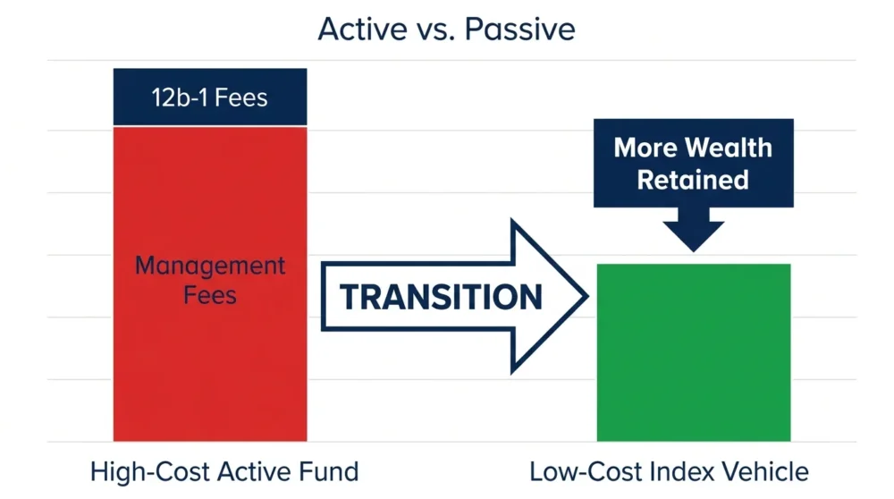 A bar chart comparing the high costs of active funds versus the efficiency of low-cost index vehicles.