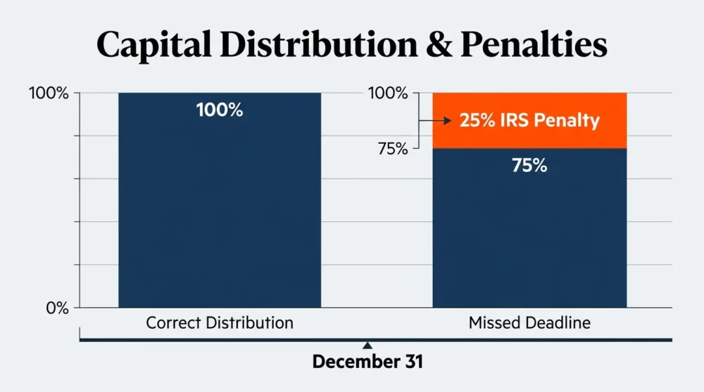 A bar chart showing a 25% penalty deduction from a retirement distribution for missing the December 31st deadline.