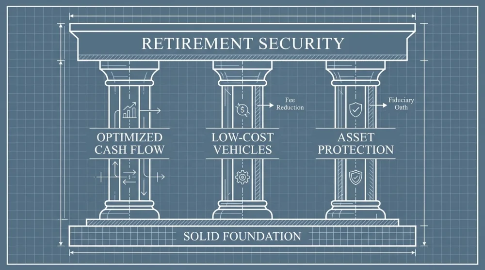 A blueprint-style diagram showing three pillars of financial health supporting retirement security.