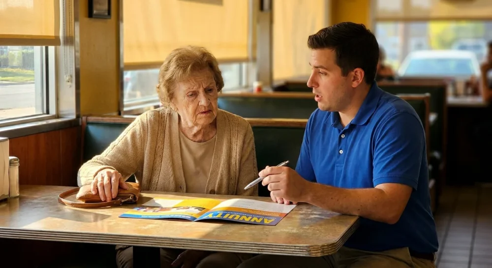 A candid photo of an older woman looking skeptically at an advisor pushing an annuity brochure in a diner.