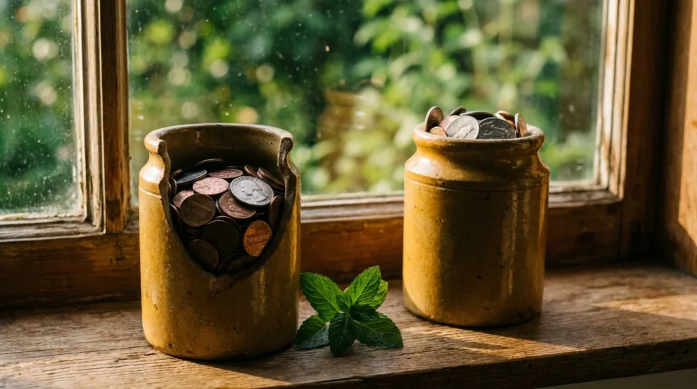 A ceramic jar of coins on a sunlit wooden windowsill with a garden in the background.