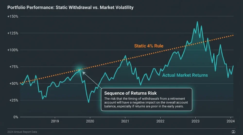 A chart comparing the static 4 percent rule against volatile market returns, highlighting withdrawal risks.