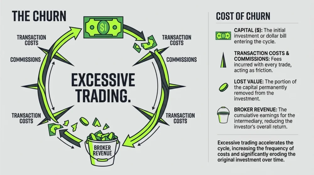 A circular flowchart showing how frequent trading chips away at investment capital through transaction costs.