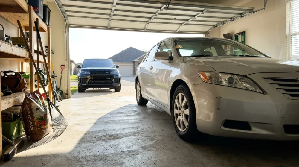 A clean, older car in a garage with a glimpse of a neighbor's luxury SUV in the background.