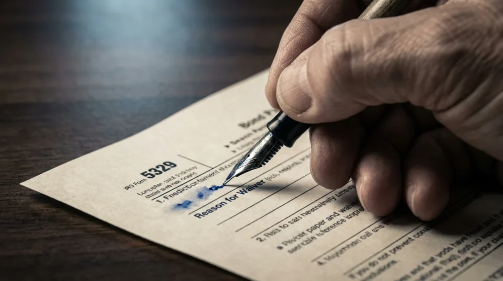 A close-up of a hand using a fountain pen to fill out IRS Form 5329 to request a penalty waiver.