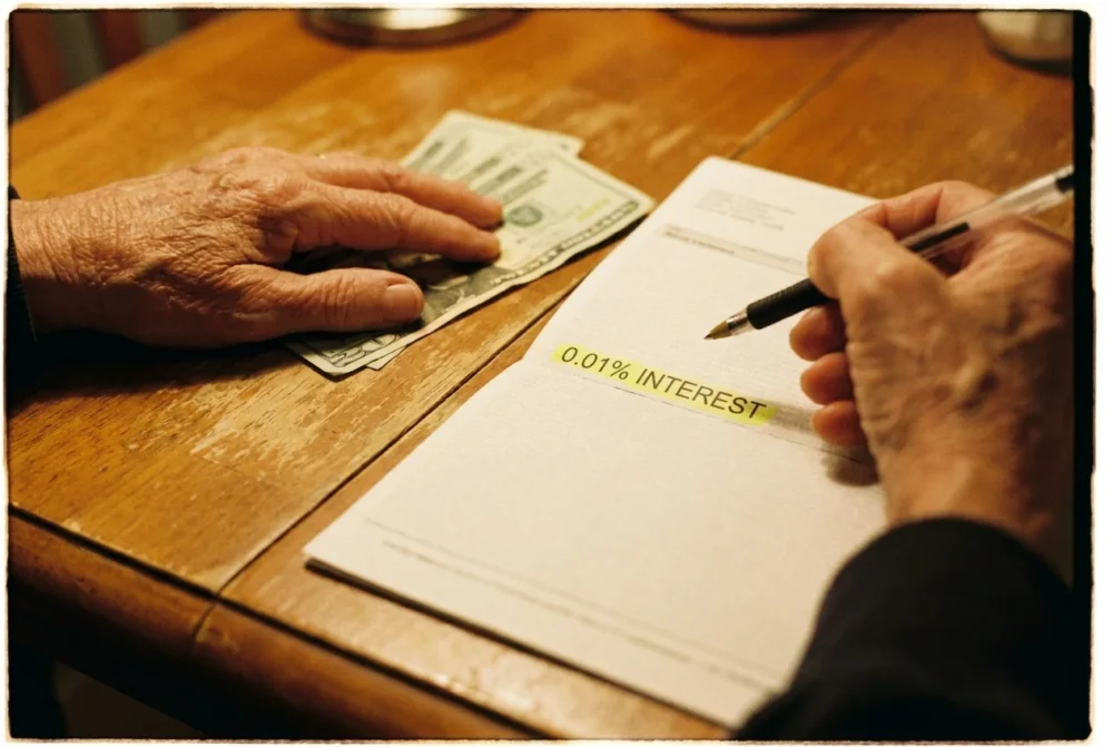 A close-up of a retiree's hands on a stack of cash and a bank statement showing low interest rates.