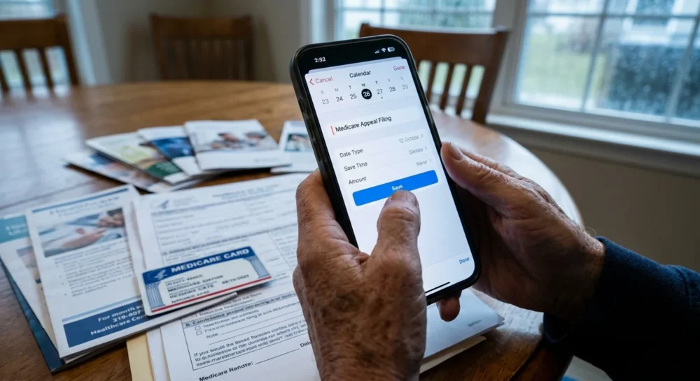 A close-up of an older person's hand setting a Medicare appeal reminder on their smartphone.
