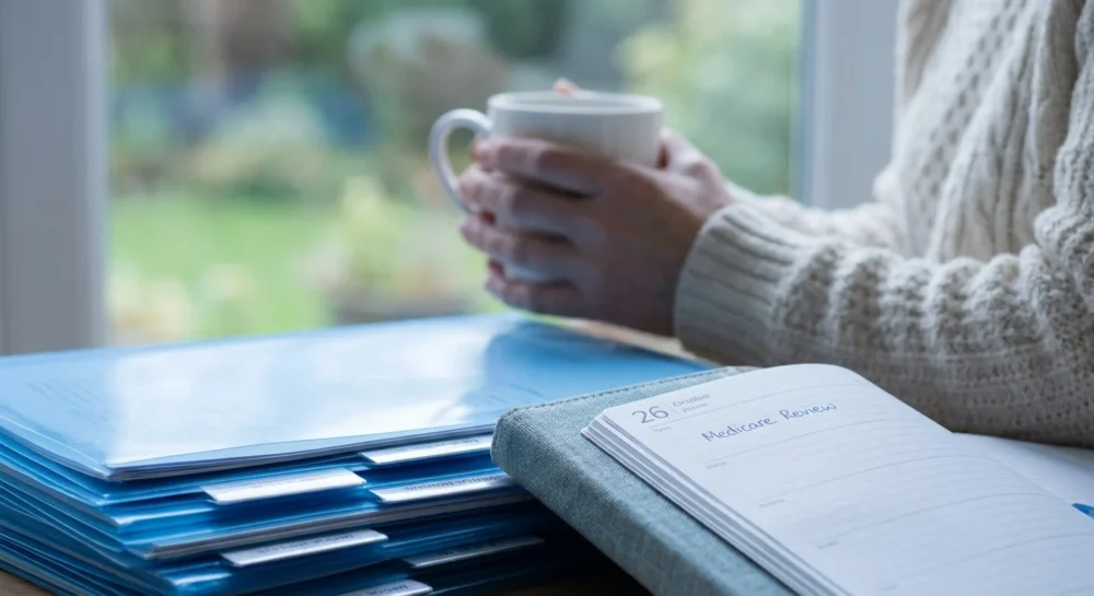 A close-up of organized medical folders and a planner with 'Medicare Review' written on the page.