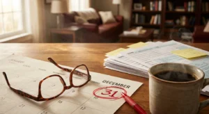 A close-up photo of a calendar with December 31st circled in red, sitting on a desk with tax forms and reading glasses.