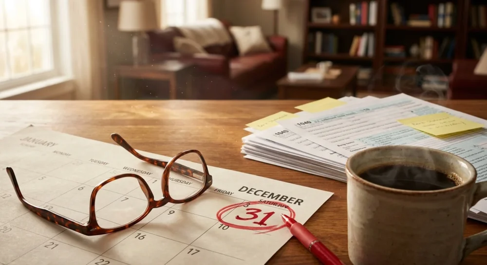 A close-up photo of a calendar with December 31st circled in red, sitting on a desk with tax forms and reading glasses.