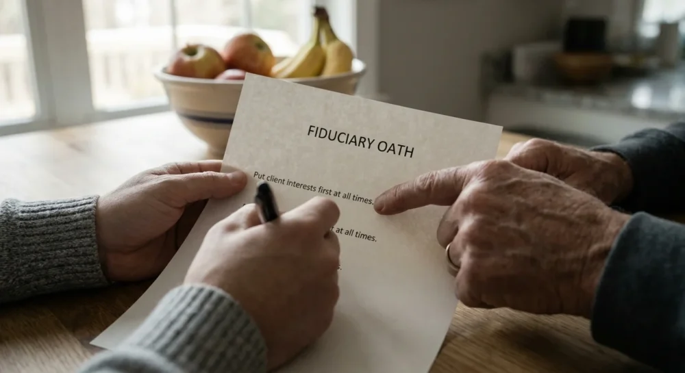 A close-up photo of hands pointing to a 'Fiduciary Oath' document on a kitchen table.