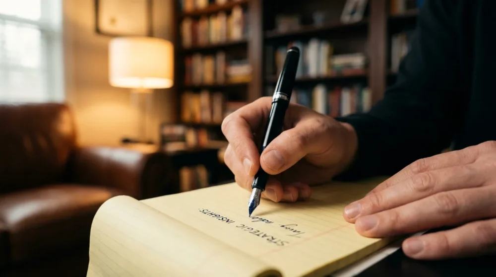 A close-up shot of hands taking notes with a fountain pen on a legal pad in a warm office.