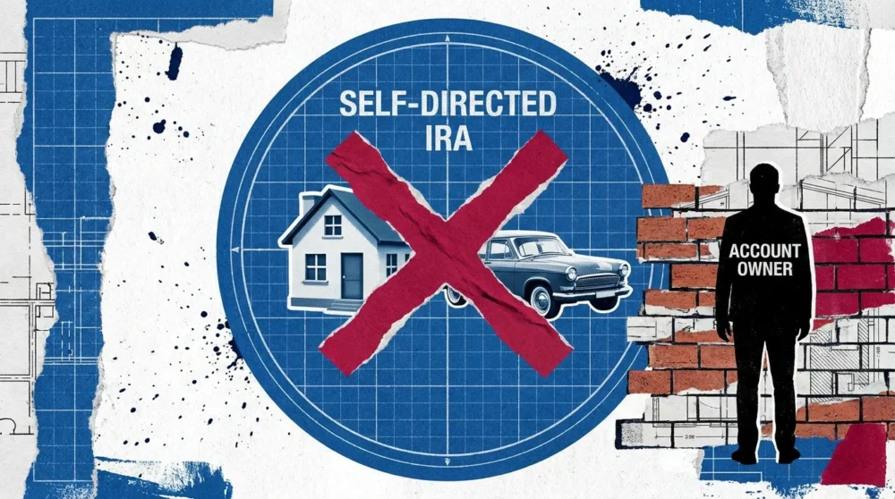 A collage showing a house and car inside an IRA circle with a red X, symbolizing prohibited self-dealing transactions.