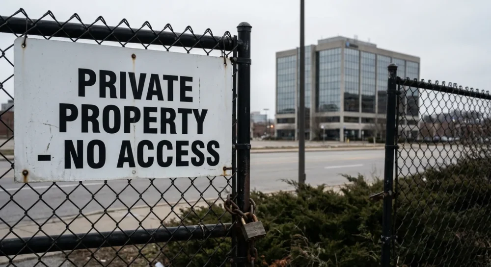 A commercial building seen behind a locked chain-link fence, symbolizing the lack of access to invested funds.