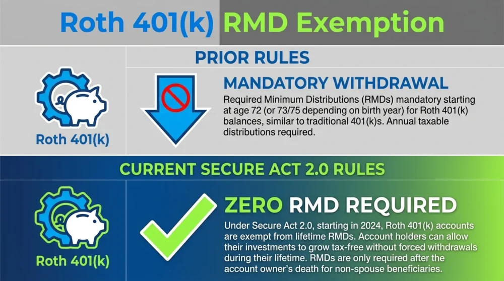 A comparison chart showing how new rules have eliminated RMD requirements for Roth 401k accounts.
