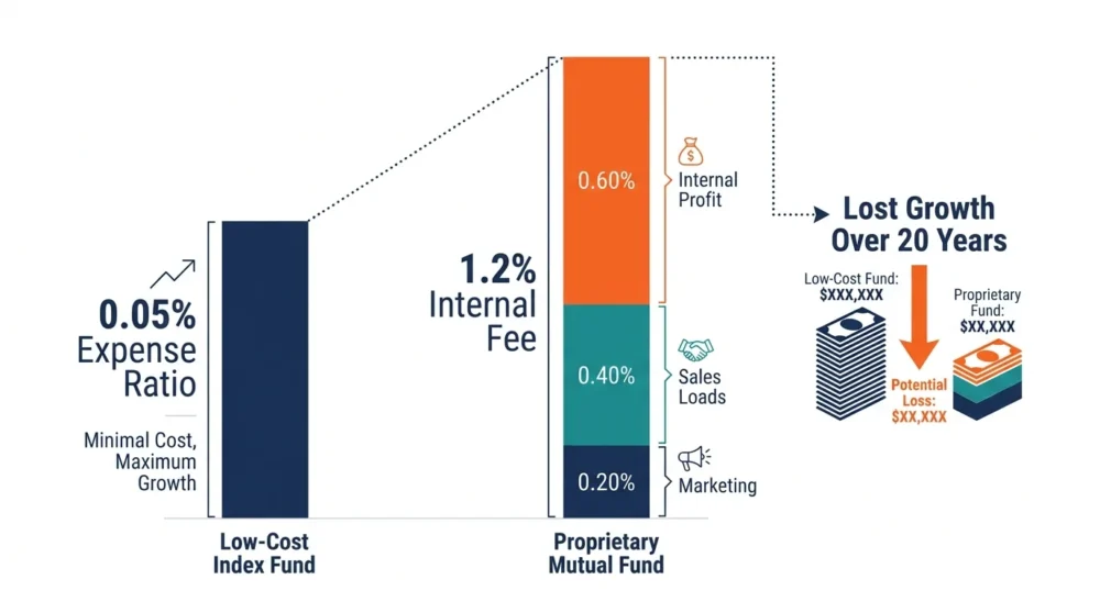 A comparison chart showing the low fee of an index fund versus the high, multi-layered fees of a proprietary fund.