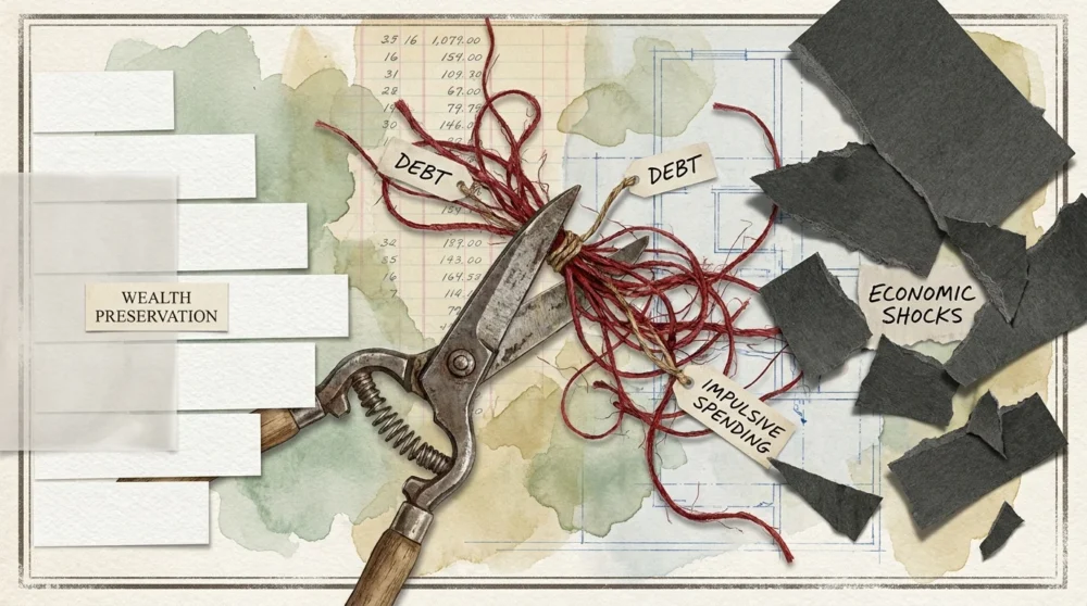 A conceptual collage of scissors pruning a tangled red web, symbolizing the elimination of bad financial habits.