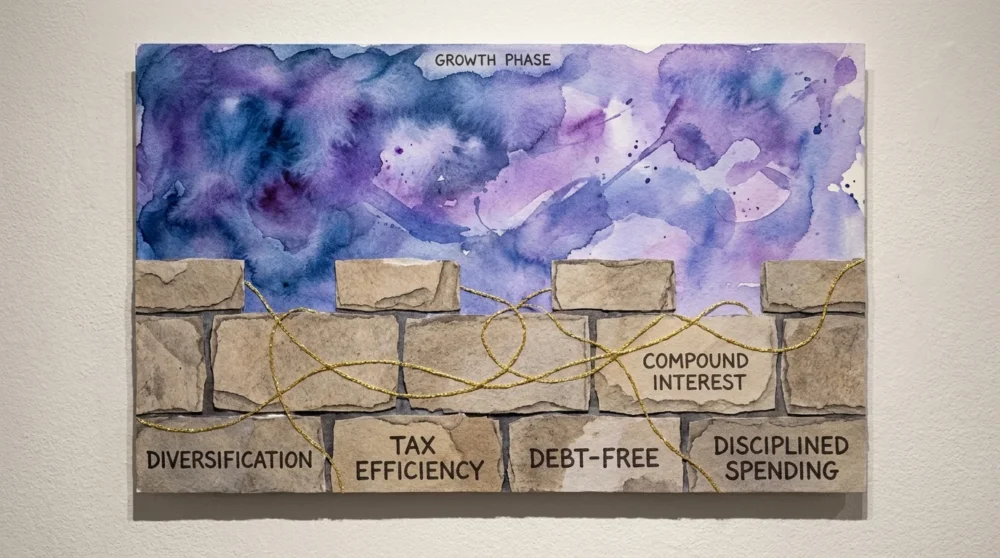 A conceptual fortress built of stone blocks labeled with various financial strategies.