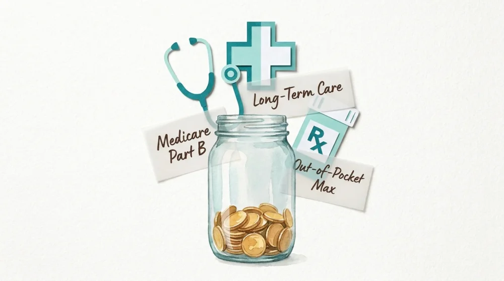 A conceptual illustration of a savings jar surrounded by medical icons and healthcare cost labels.